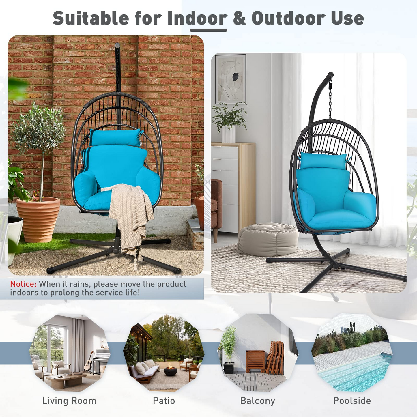Tangkula Patio Egg Chair with Stand, Hanging Egg Swing Chair with Removable Pillow & Cushion