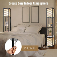 Freestanding Double Lamp w/ 2-Tier Wood Shelf & White Lampshade, E26 Bulb Base, Pull Chain & Foot Switch