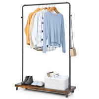 Tangkula Industrial Pipe Style Rolling Garment Rack Clothes Rack with Wood Shelf
