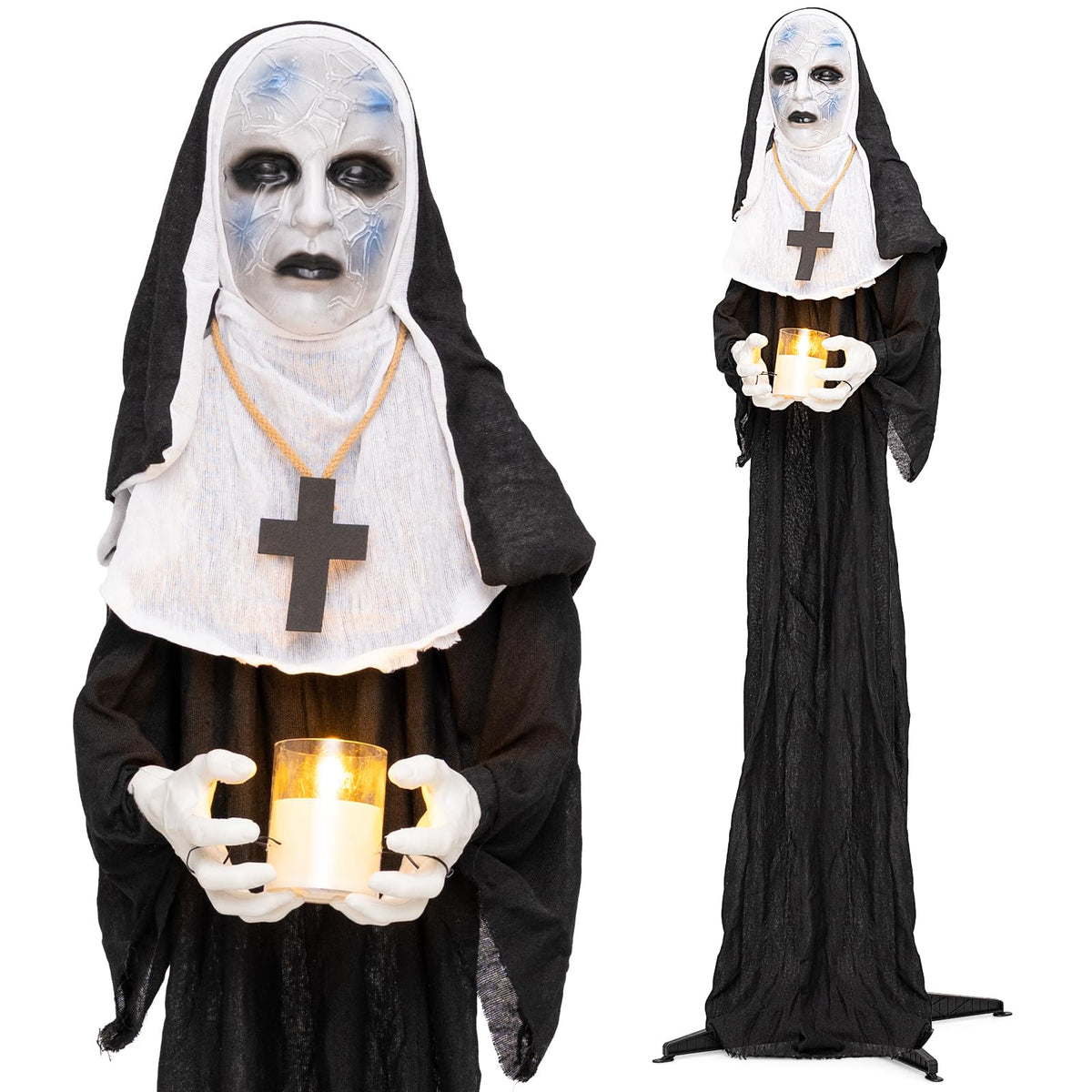 Tangkula 5.3 FT Animated Halloween Standing Nun Holding Candle Decoration