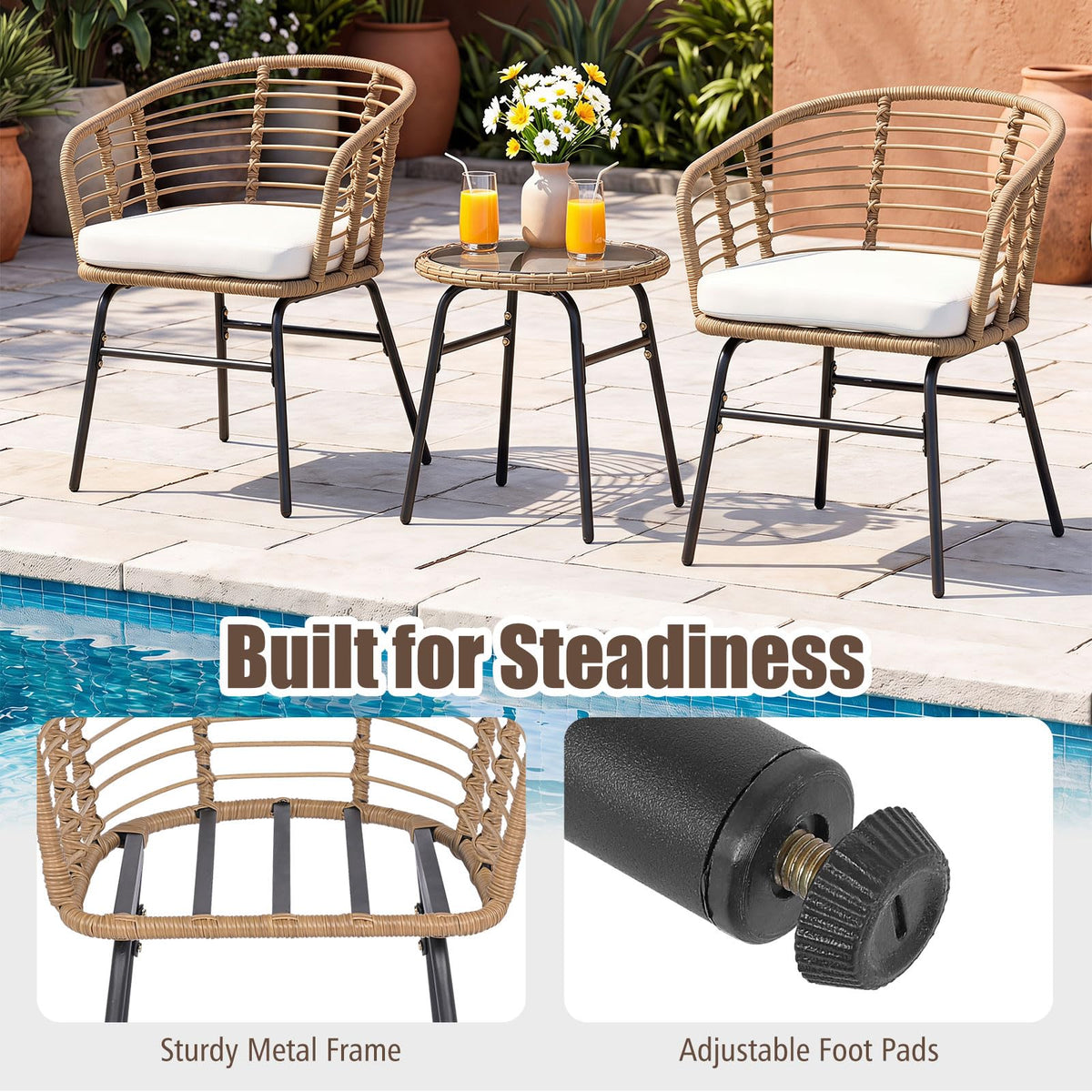Tangkula 3 Pieces Patio Furniture Set with Tempered Glass Coffee Table and Soft Cushions