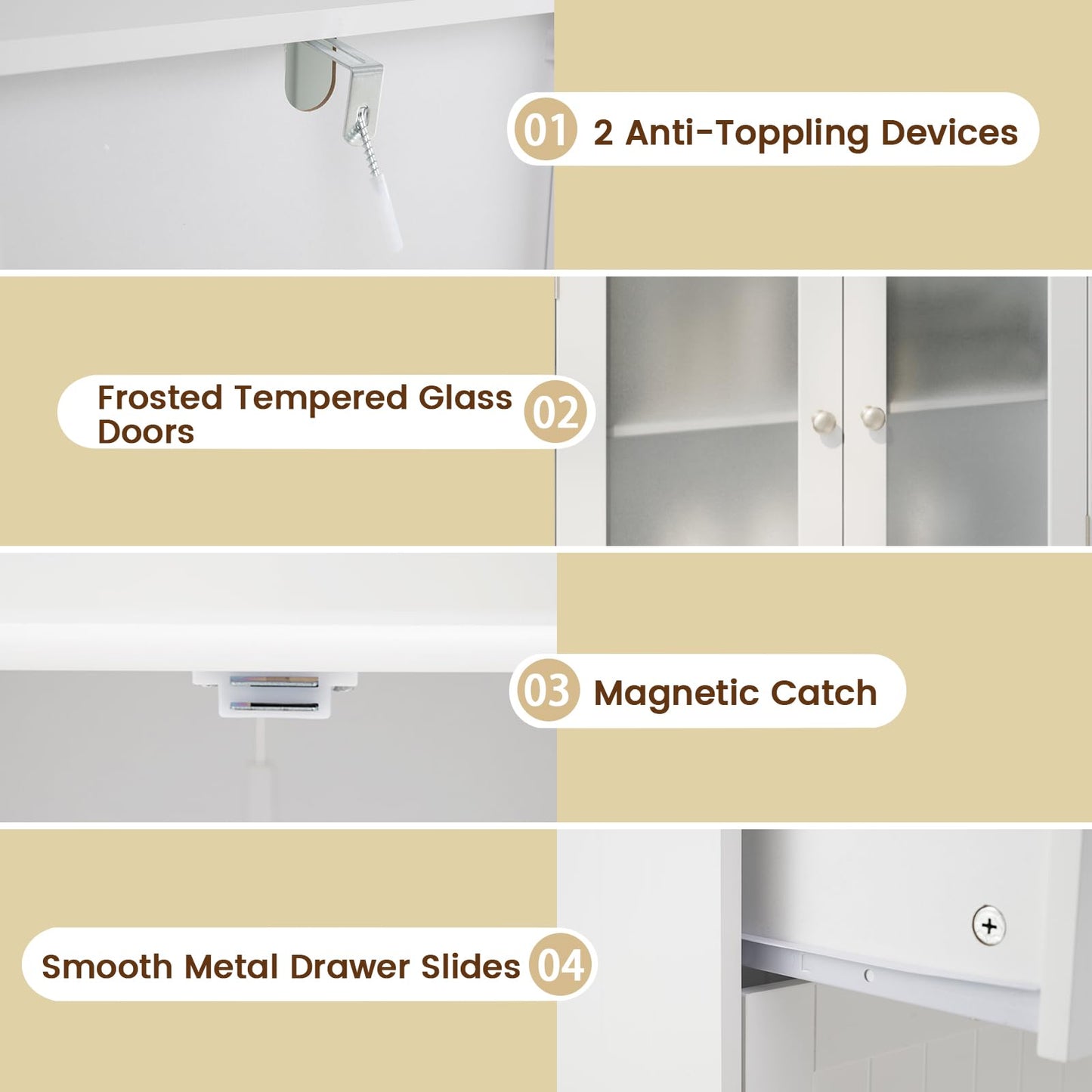 Tangkula Bathroom Floor Storage Cabinet with 2 Drawers & 2 Frosted Glass Doors