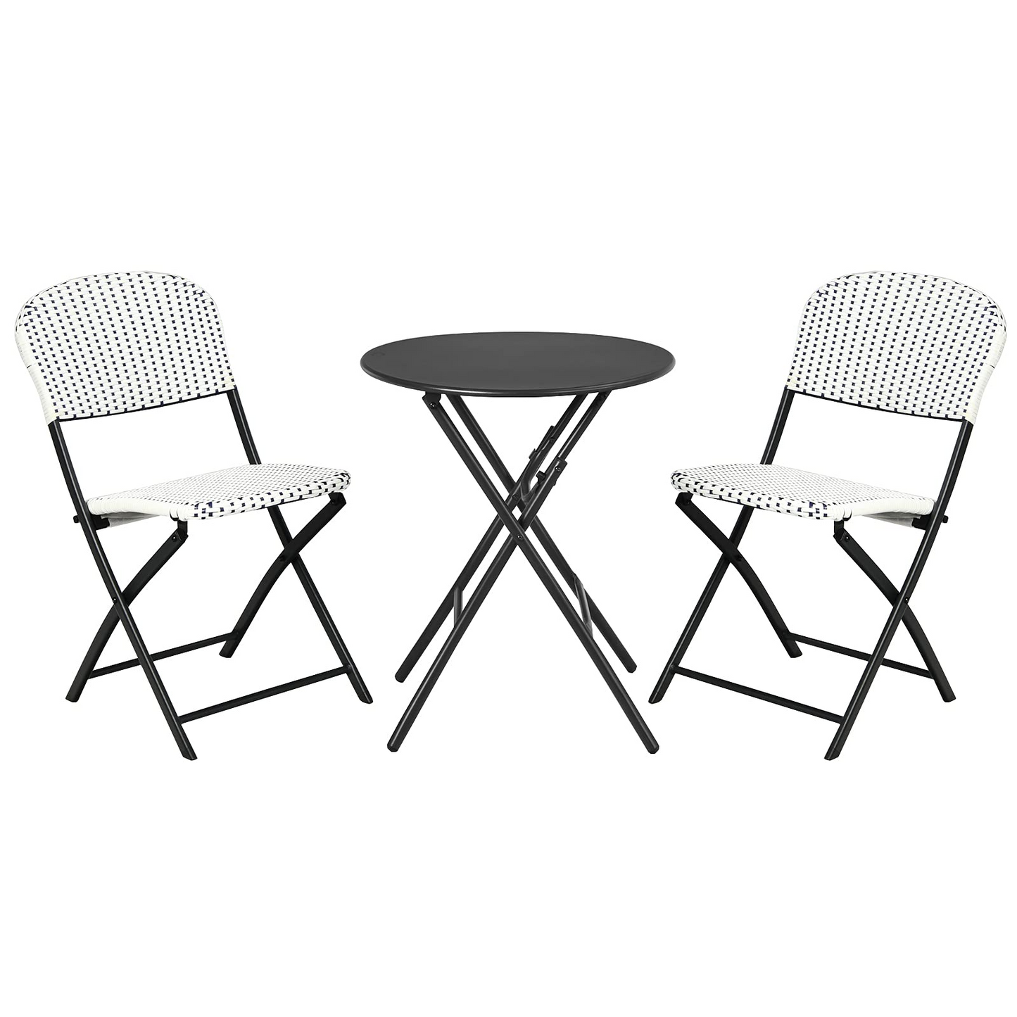 Tangkula 3 Pieces Patio Rattan Bistro Set, Outdoor Folding Dining Furniture Set with Round Dining Table and 2 Chairs
