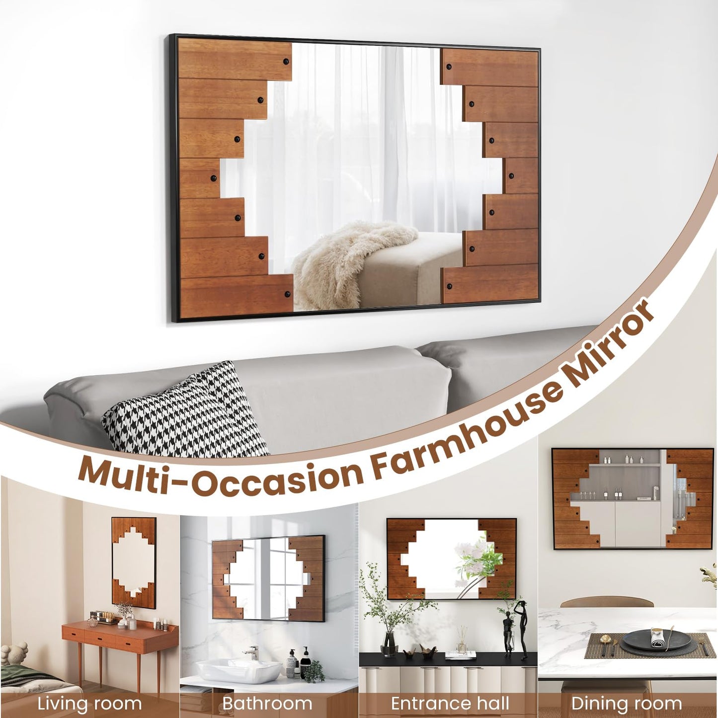 Miroir mural rectangulaire décoratif Tangkula, grand miroir mural de 37,5" x 26,5" avec cadre en forme de touches de piano, crochet bidirectionnel