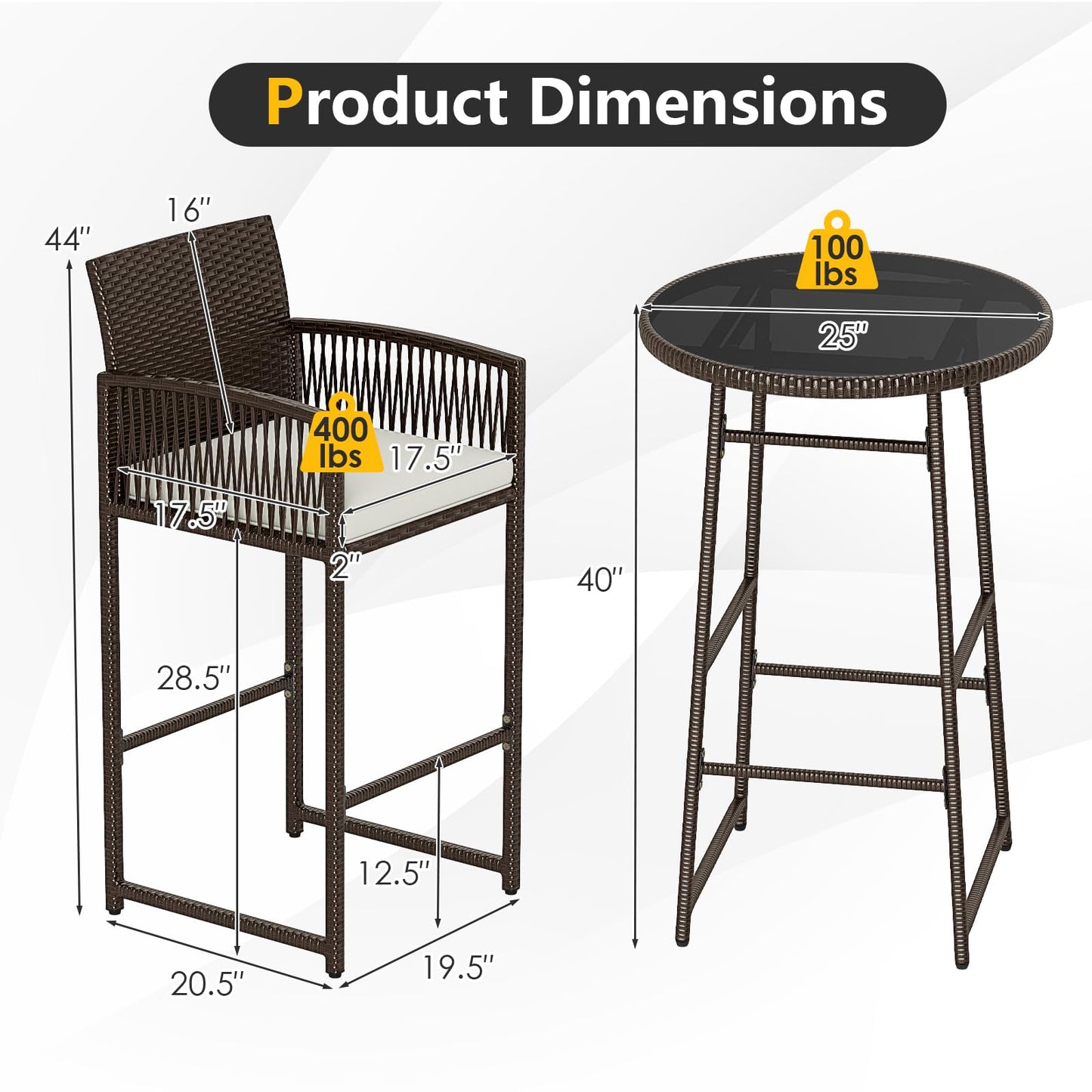 Tangkula Outdoor Wicker Bar Height Glass Top Table & 2 Cushioned Bartools Heavy Duty