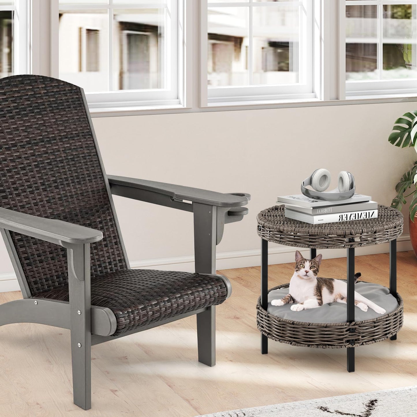 Niche de chat Tangkula à 2 étages en rotin avec coussin rembourré amovible