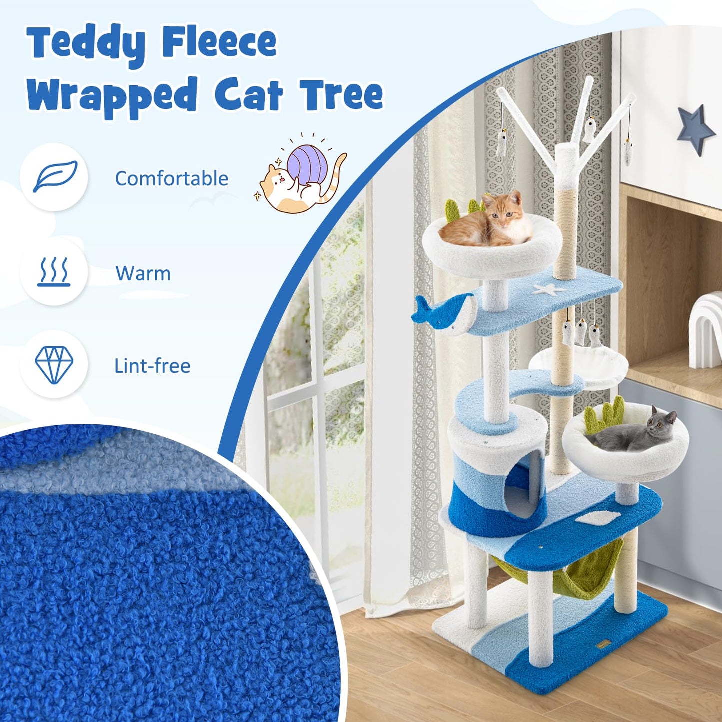 Tangkula Ocean-Themed Cat Tree, Multi-Level Cat Tower with Sisal Scratching Posts, 65"