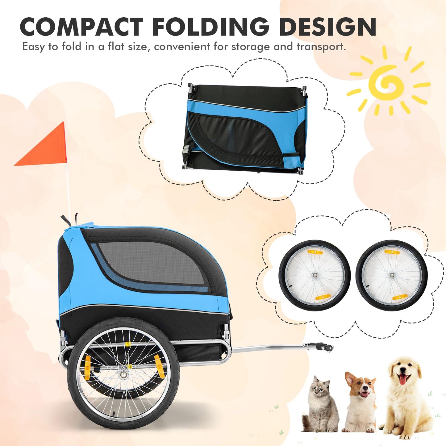 Tangkula Dog Bike Trailer, Breathable Mesh Dog Cart with 3 Entrances, Safety Flag