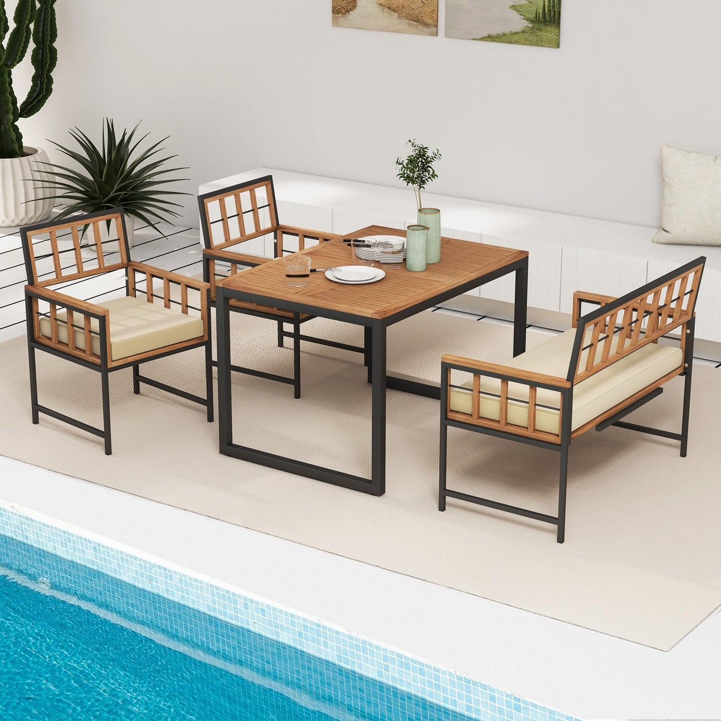Tangkula 4 Piece Patio Dining Set, Outdoor Wood Dining Furniture W/ 2 Chairs & 1 Loveseat, 47” Acacia Wood Table W/Umbrella Hole