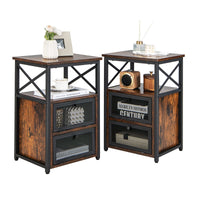 Tangkula Table d'appoint de canapé industrielle polyvalente avec étagère de rangement ouverte et 2 tiroirs basculants