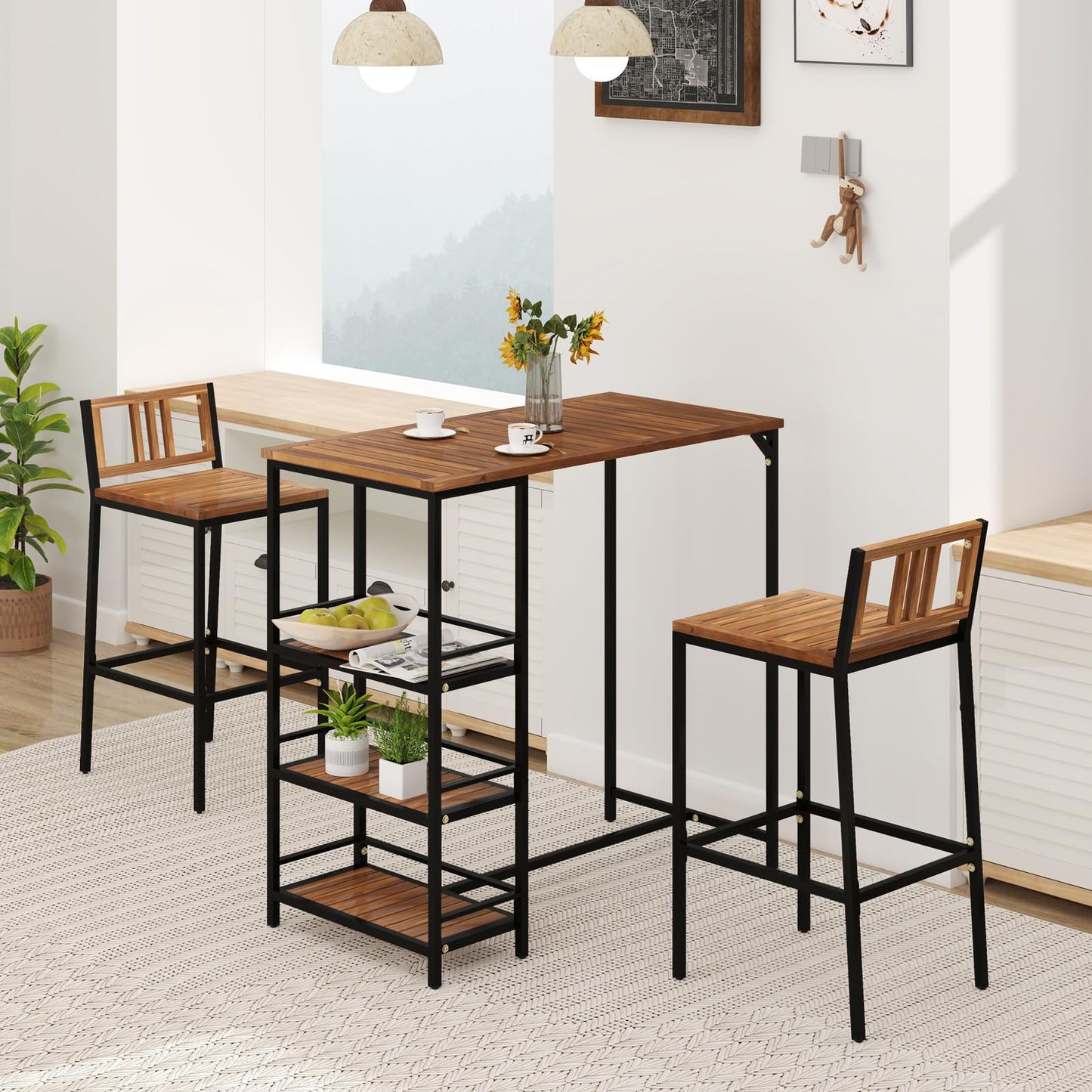 Tangkula 3 Pieces Wood Patio Bar Set with 3 Shelves