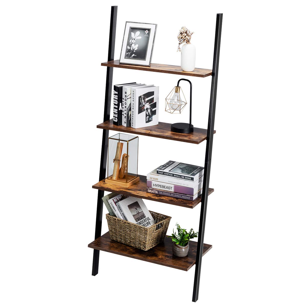 Tangkula Industrial 4-Tier Ladder Shelf, Against The Wall Bookcase for Living Room & Office