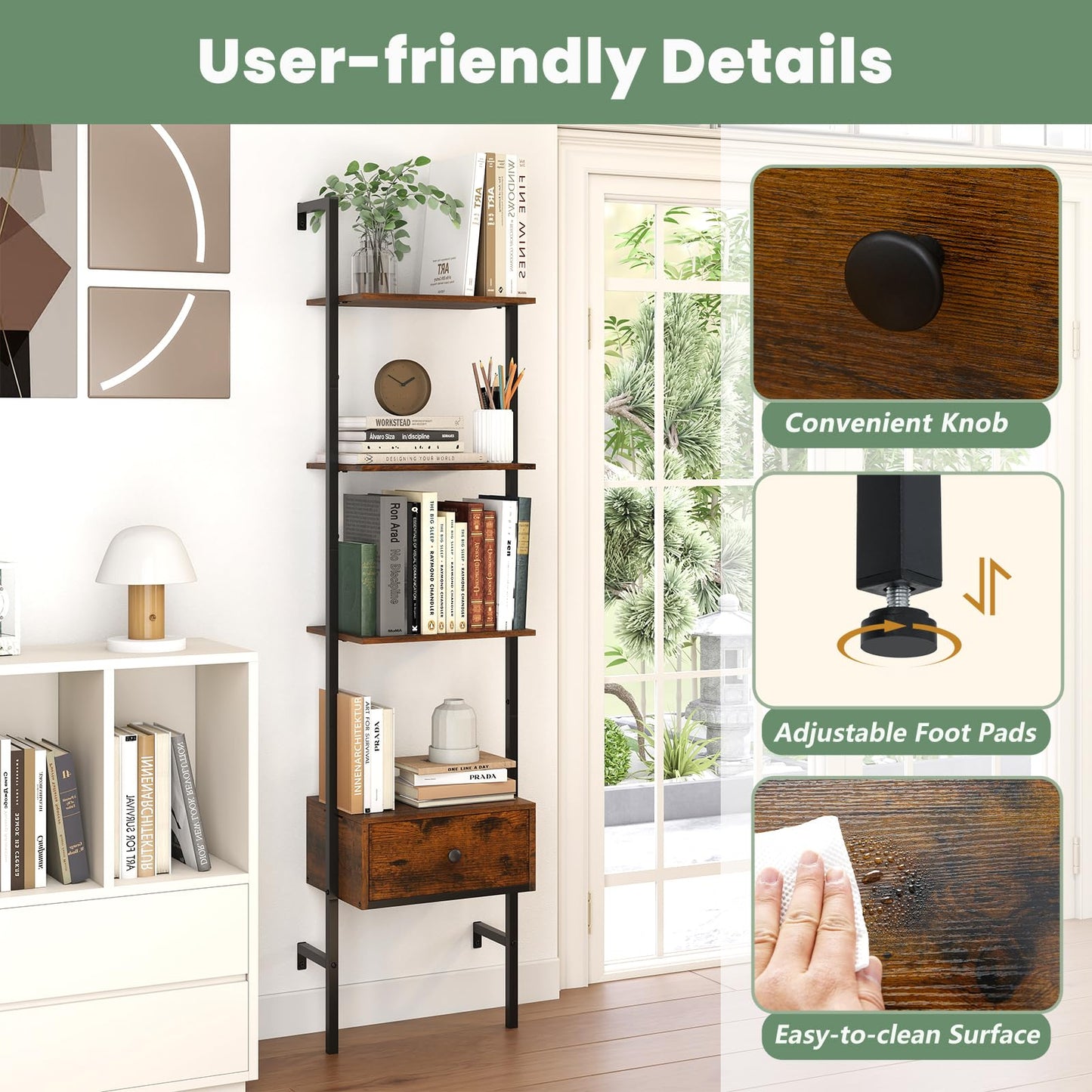 Tangkula 5-Tier Ladder Bookcase with Drawer and Metal Frame for Study Home Office