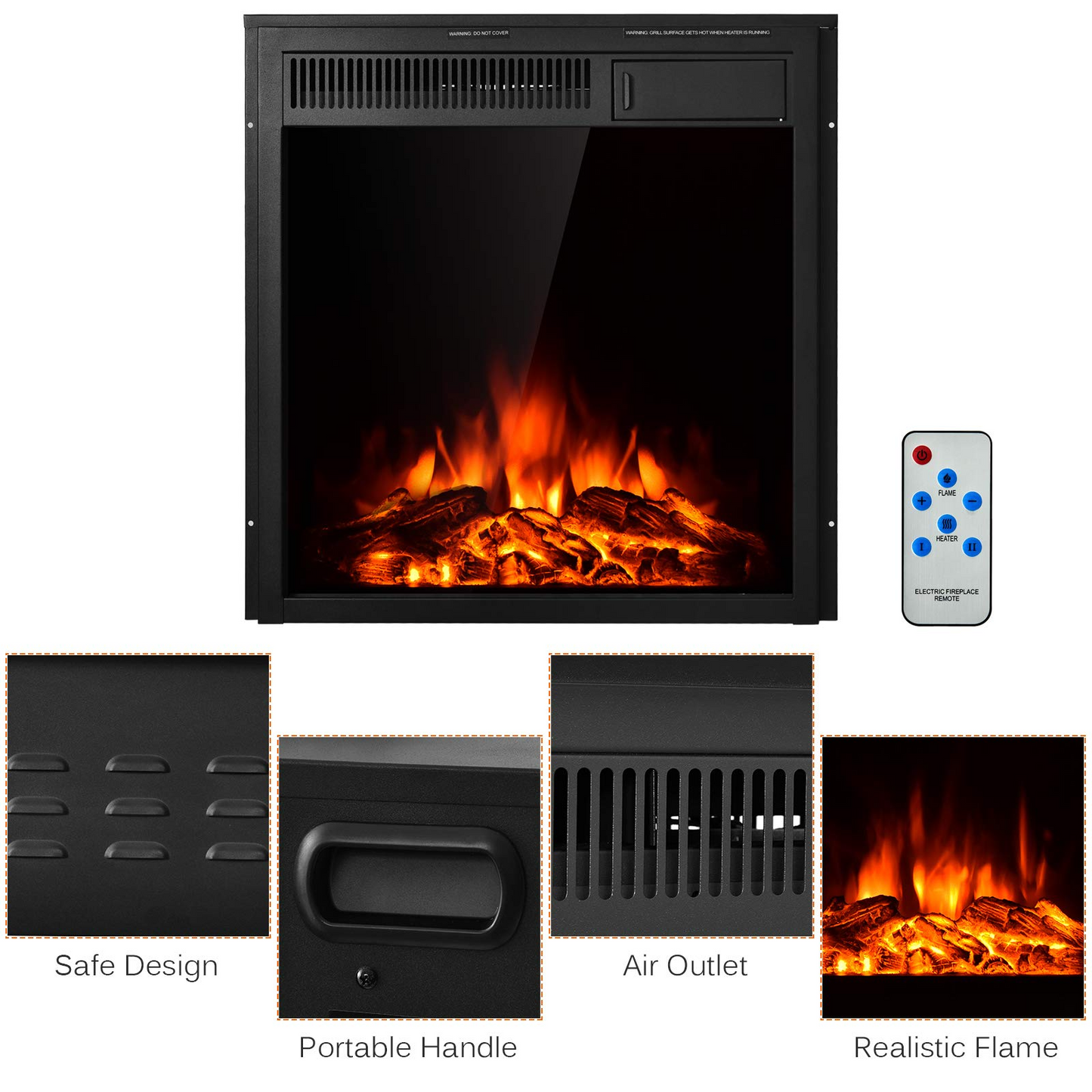 Tangkula Electric Fireplace Insert, Freestanding & Recessed Electric Fireplace Heater with Remote Control