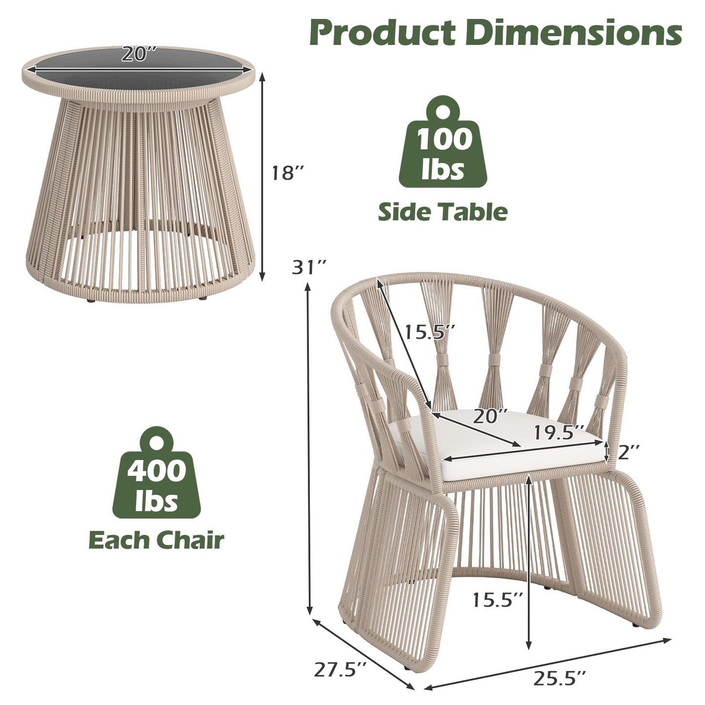 Tangkula 3 Piece Patio Leisure Chair Set with Tempered Glass Tabletop
