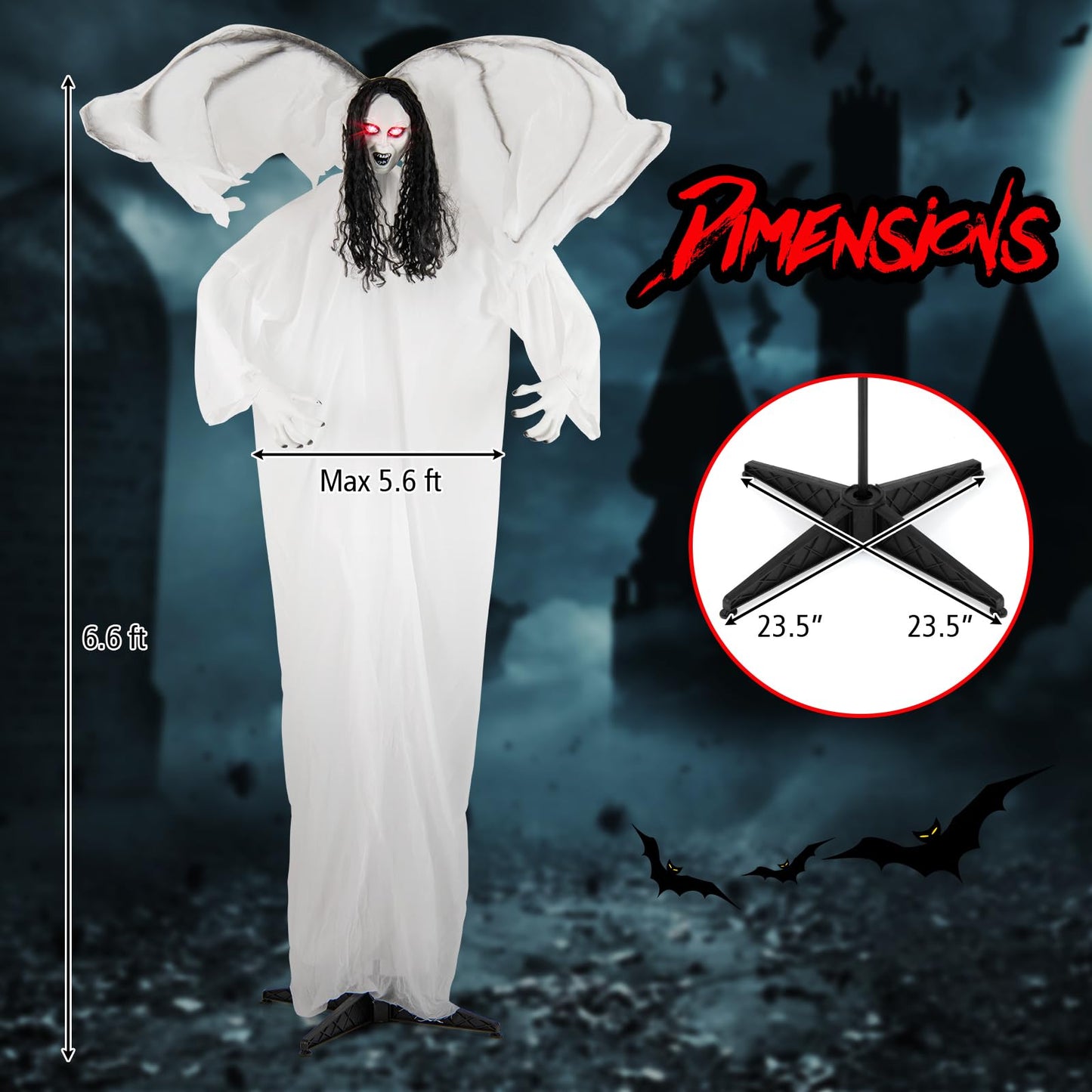 Tangkula 6.6 Feet Halloween Animatronic Standing Angel with Sound-Activated Light-up Eyes and Flapping Wings