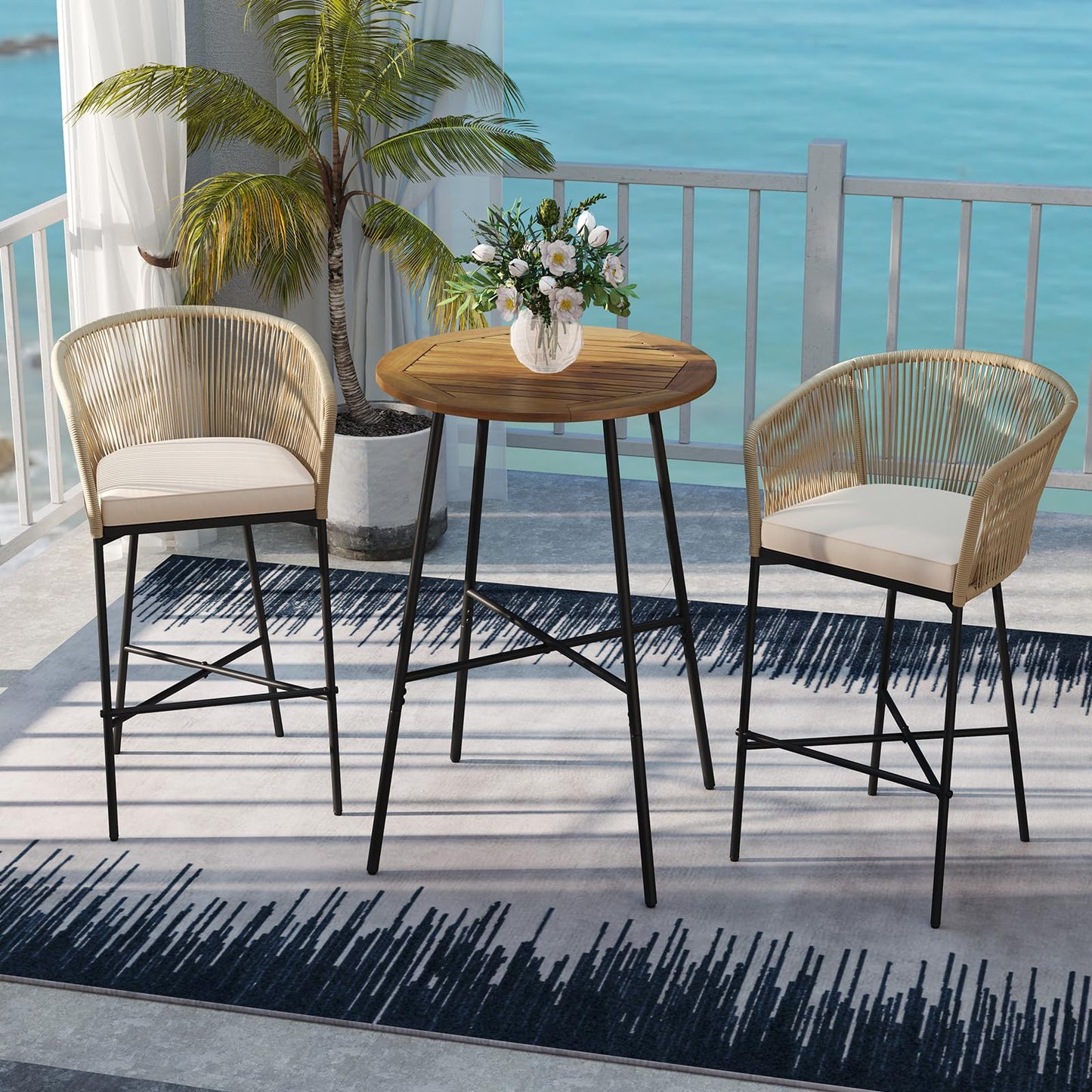 Tangkula 3 Pieces Rope Woven Patio Bar Set