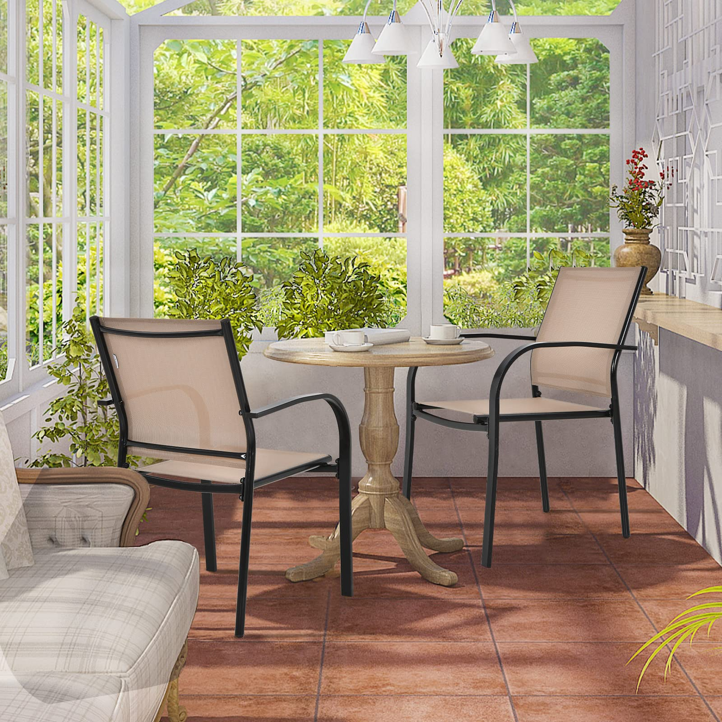 Tangkula Set of 2 Patio Dining Chairs, Outdoor Stackable Chairs with Armrests