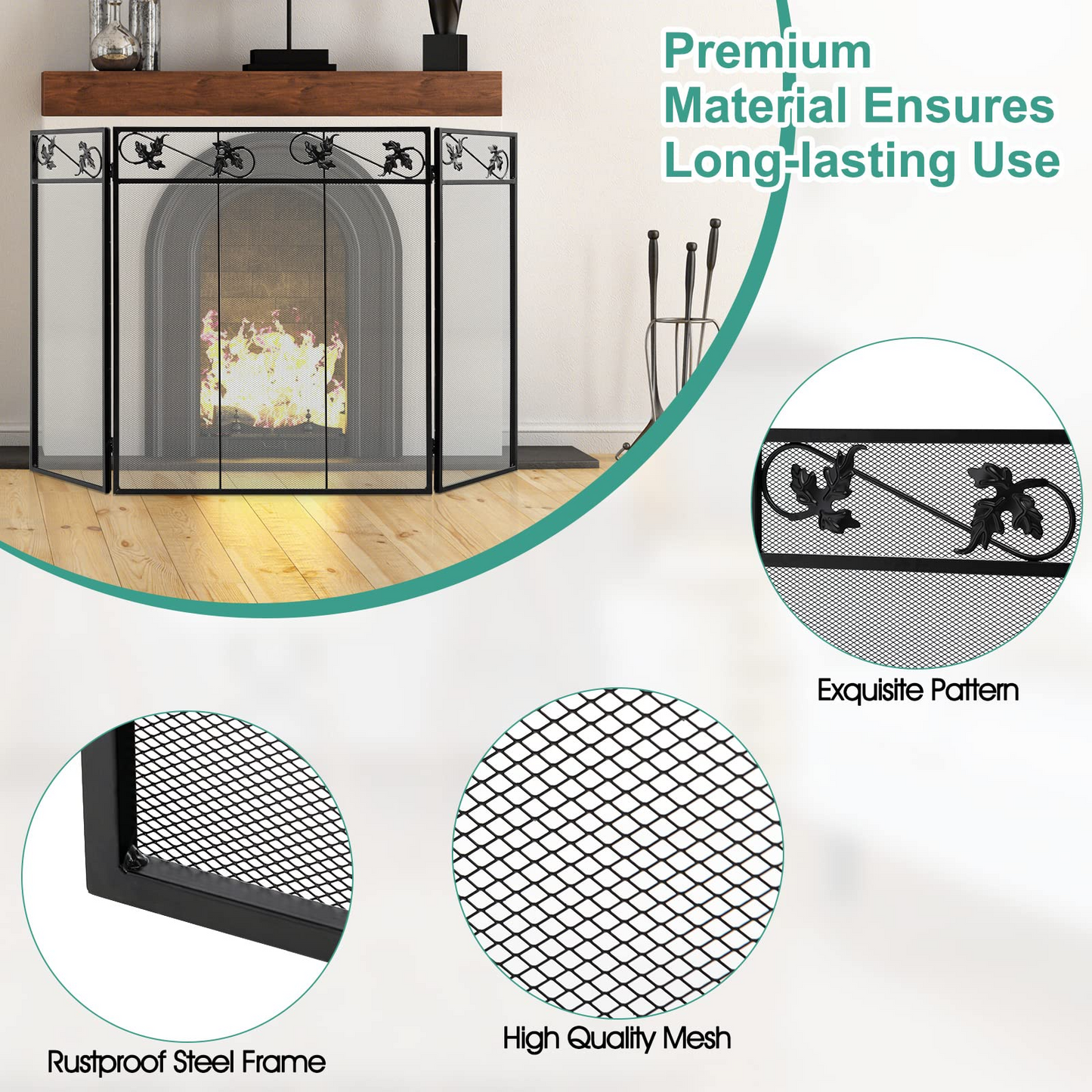 Tangkula 3-Panel Fireplace Screen, Folding Decorative Spark Guard with Exquisite Pattern for Baby & Pets