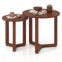 Tangkula Round Nesting Coffee Table Set of 2 with Solid Rubber Wood Tripod Legs