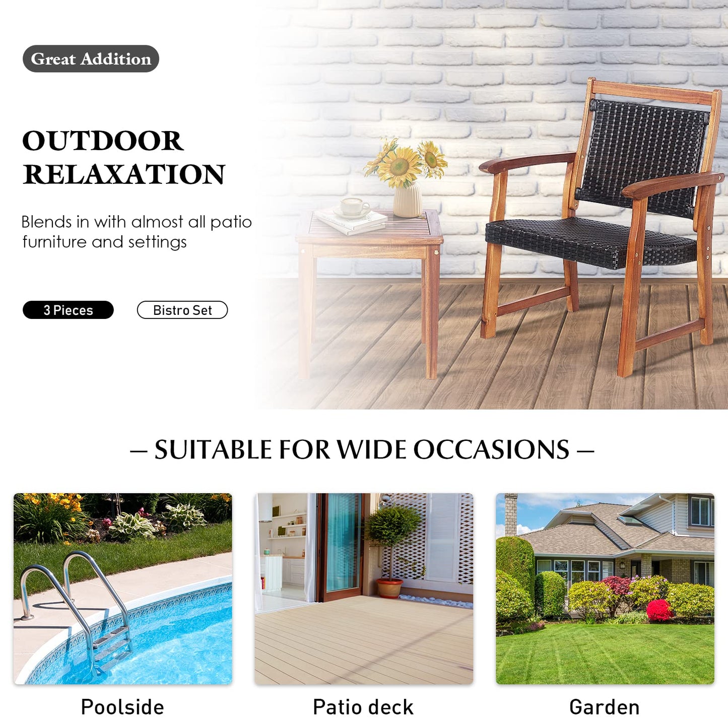 3-Piece Patio Acacia Wood Bistro Set, Patiojoy Outdoor Furniture Set with 2 Chairs & 1 Side Table