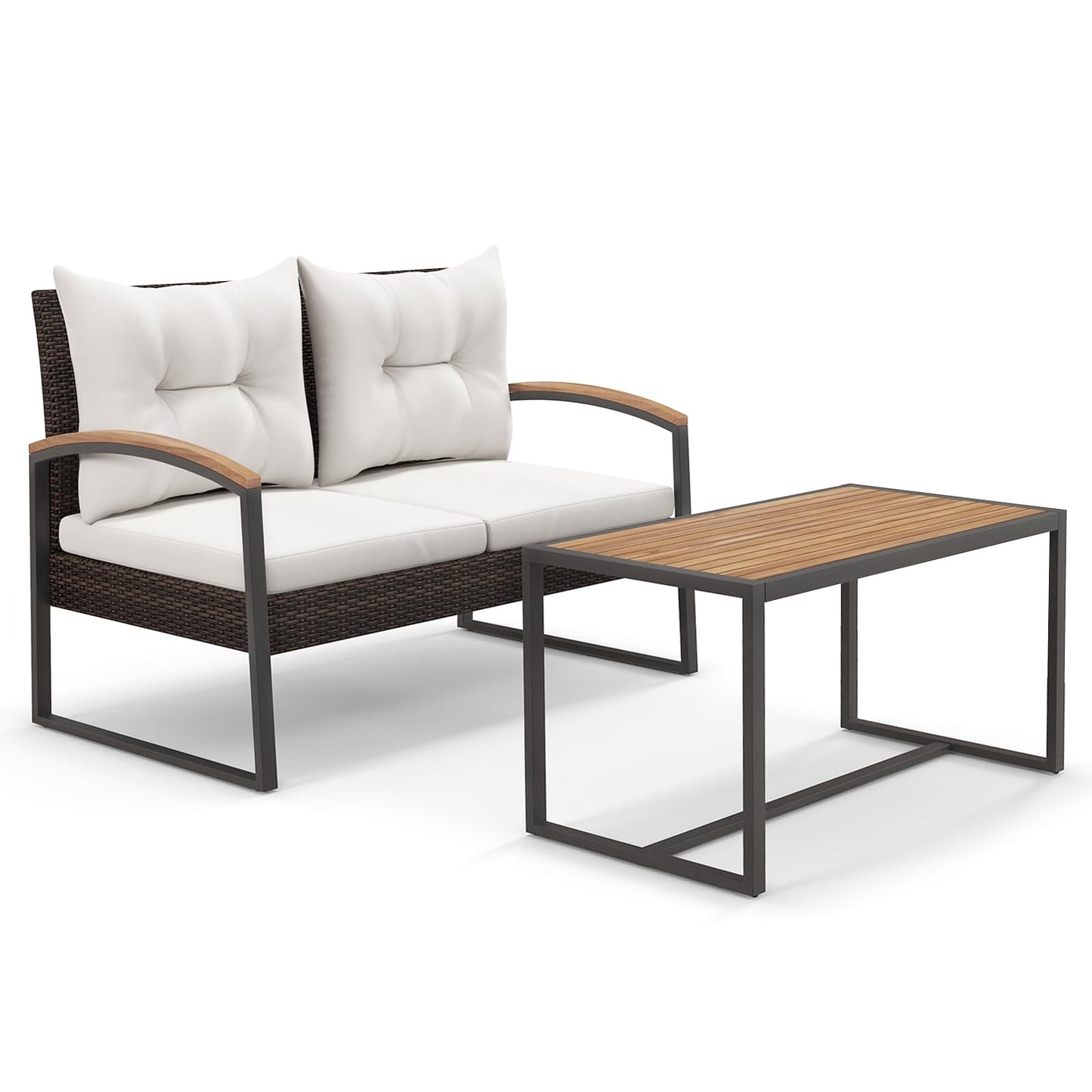 Tangkula 2 Pieces Patio Wicker Furniture Set, Heavy Duty Outdoor Cushioned Loveseat with Acacia Wood Coffee Table