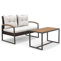 Tangkula 2 Pieces Patio Wicker Furniture Set, Heavy Duty Outdoor Cushioned Loveseat with Acacia Wood Coffee Table