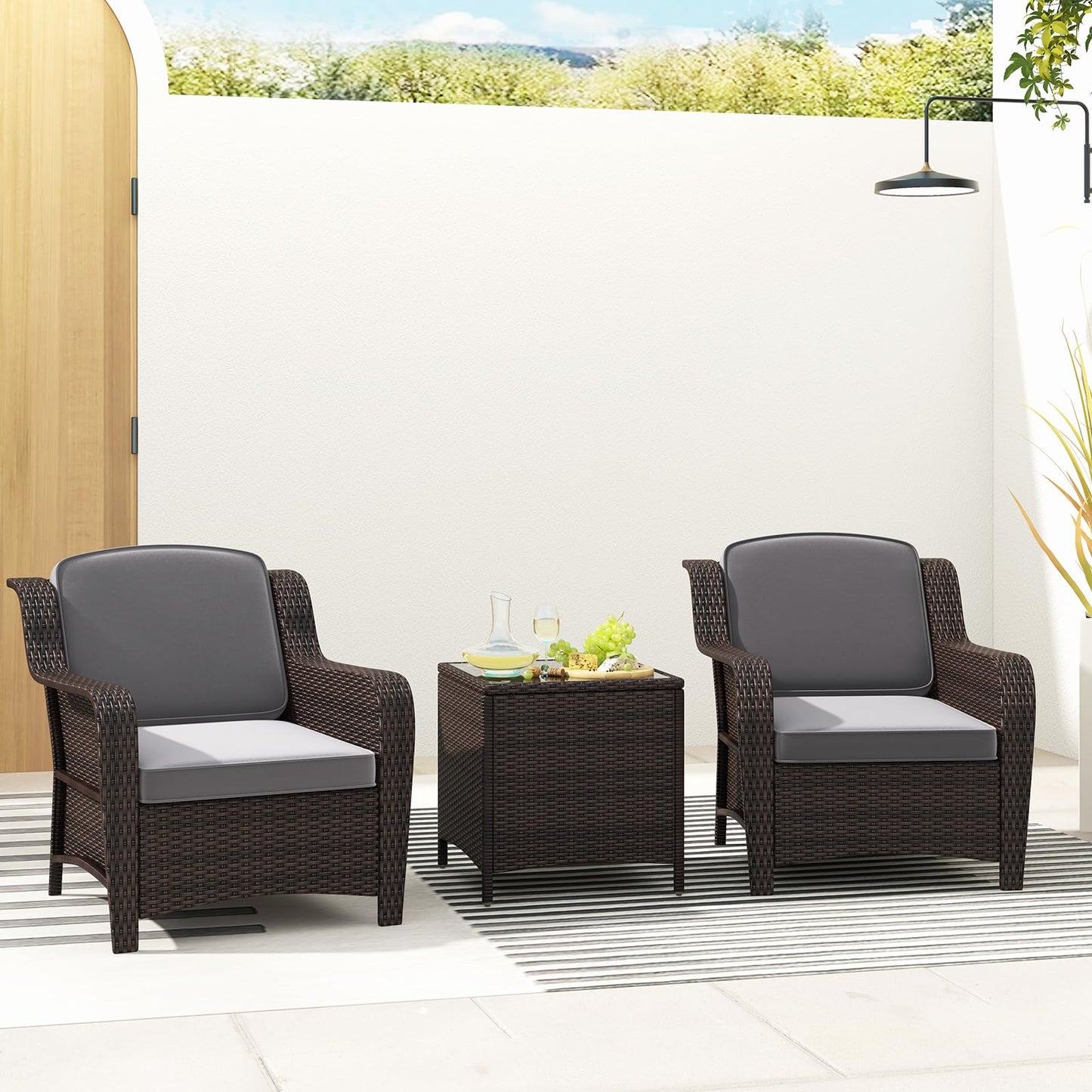 Tangkula 3 Pieces Outdoor Patio Furniture Set, Patiojoy PE Rattan Wicker Chairs with Cushions and Tempered Glass Coffee Table