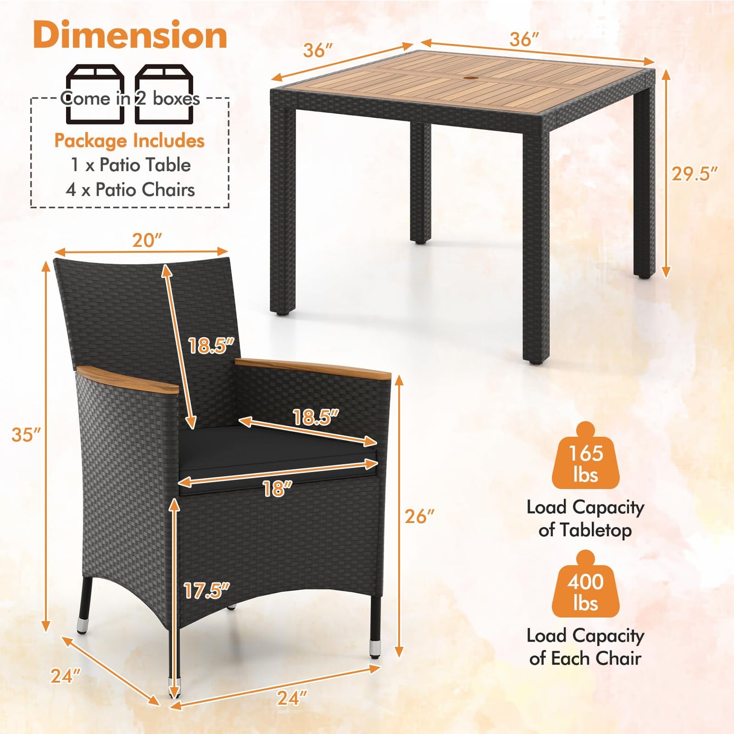 Tangkula 5 Pieces Patio Dining Table Set for 4 with Umbrella Hole
