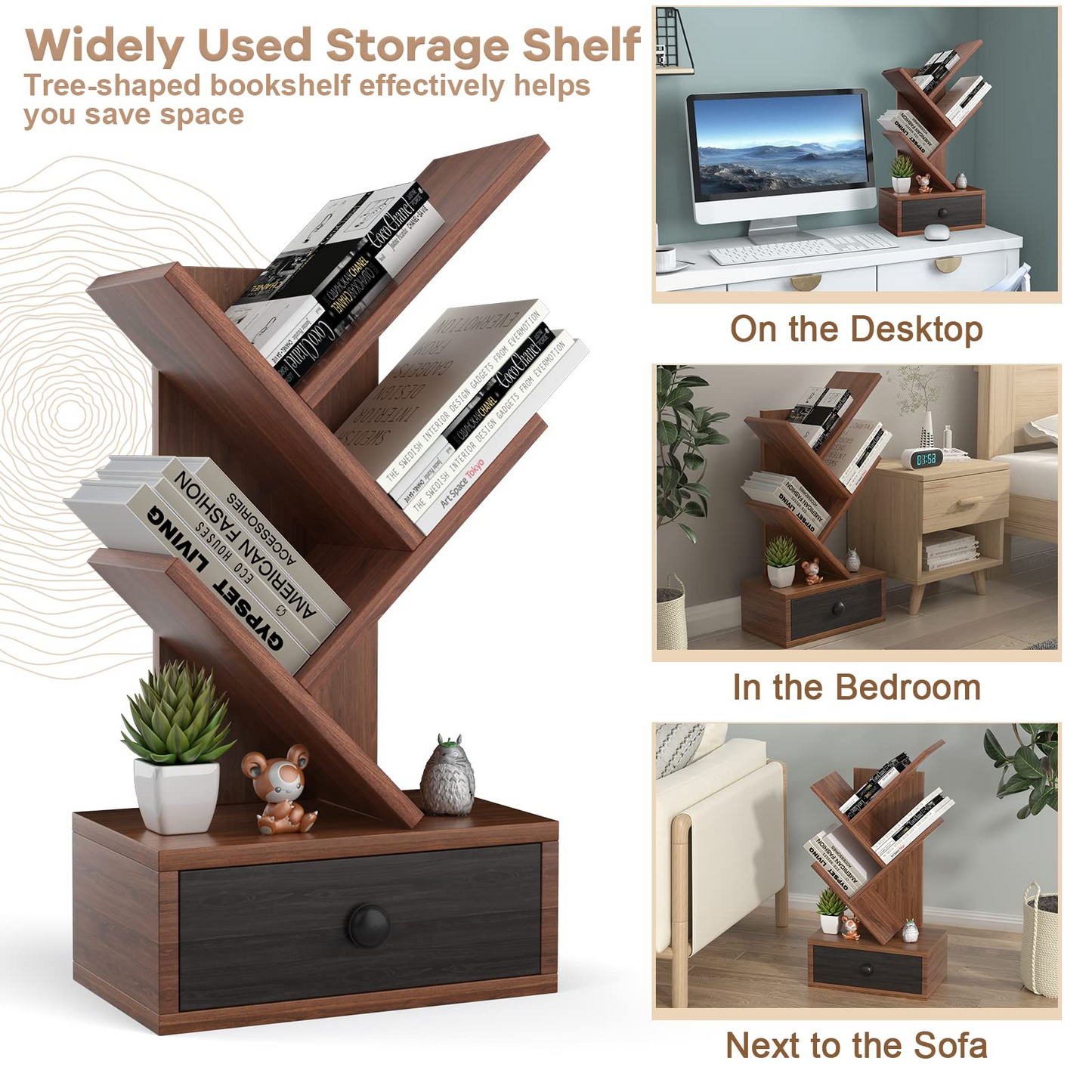 Tangkula 5 Tier Tree Bookshelf with Drawer, Rustic 5 Shelf Space Saving Corner Bookcase