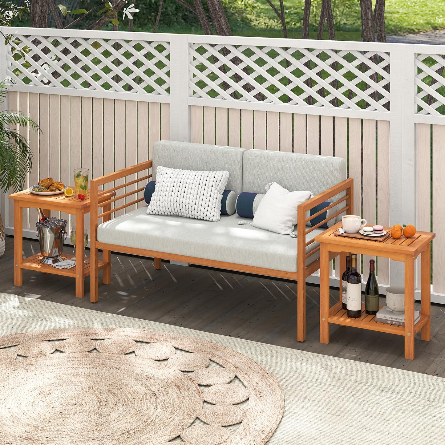 Tangkula Table d'appoint d'extérieur, table de patio à 2 niveaux avec plateau à lattes et étagère de rangement