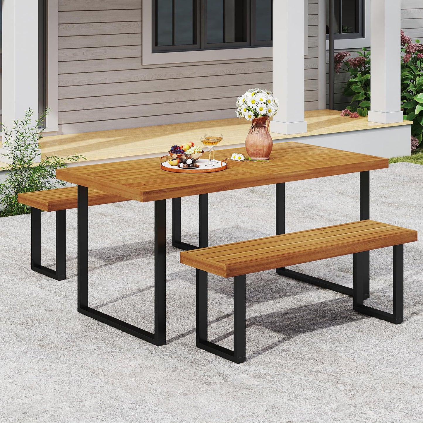 Tangkula 48" Long Patio Dining Bench with Metal Legs