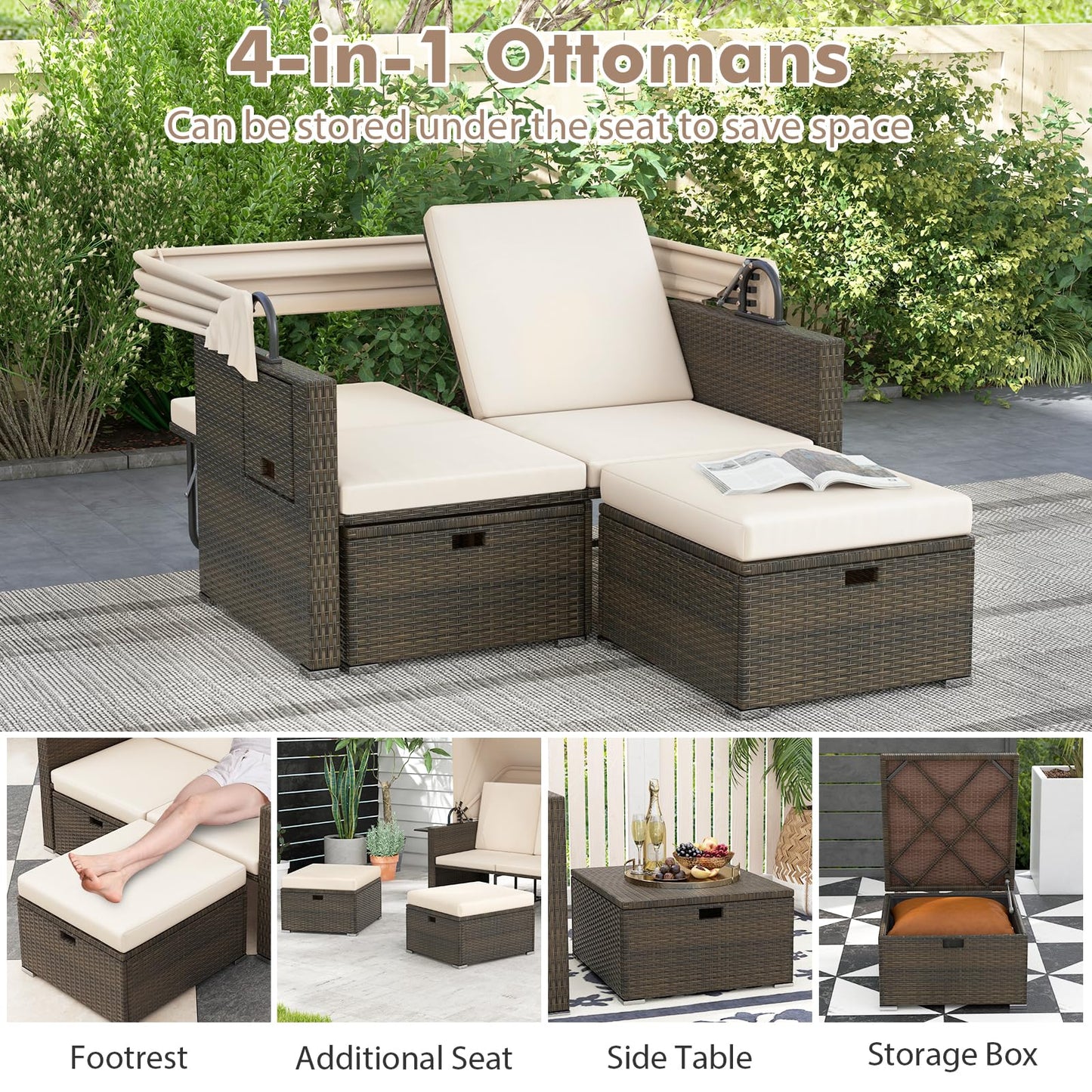 Tangkula Outdoor Patio Rattan Daybed w/Retractable Canopy & Adjustable Backrests
