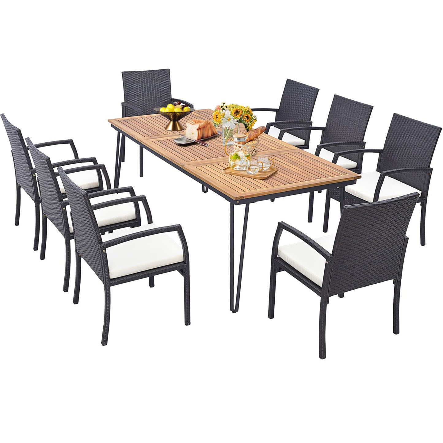 Tangkula Ensemble de salle à manger de jardin 9 pièces en rotin avec table en bois d'acacia