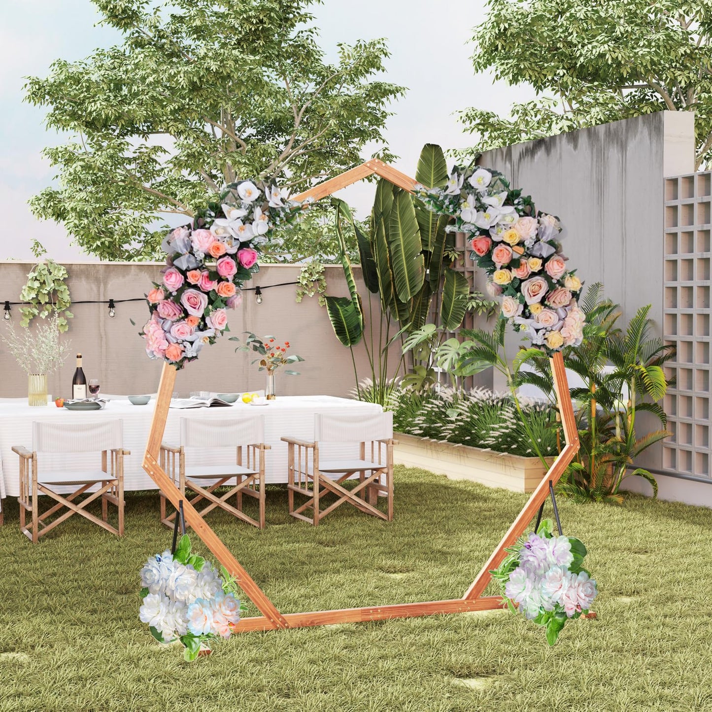 Tangkula 7FT Wedding Arch Heptagon Wooden Arch for Wedding Ceremony