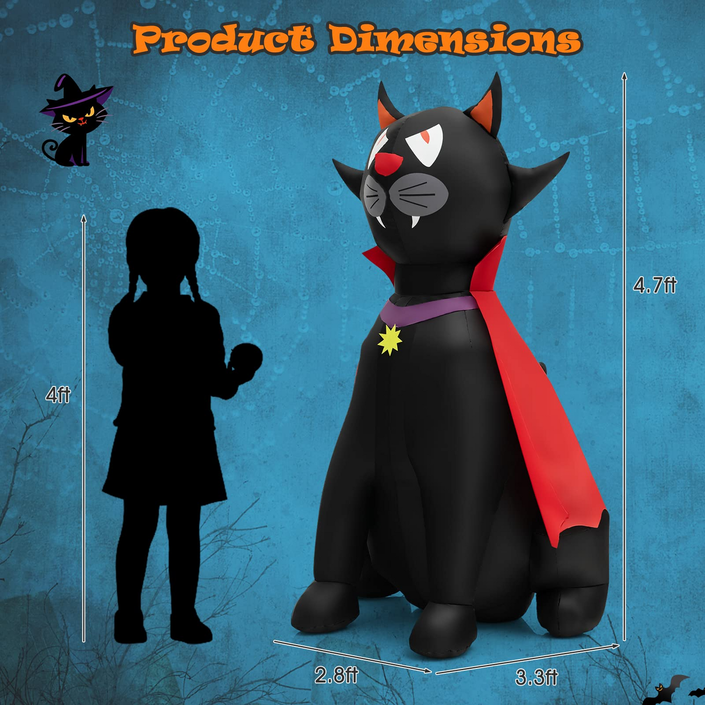 Tangkula 4.7 FT Halloween Inflatable Vampire Black Cat with Red Cloak, Blow-up Holiday Decoration with 2 Built-in LED Lights
