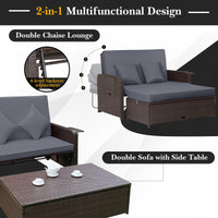 Outdoor PE Wicker Loveseat with Storage Ottoman & Folding Side Tray - Grey