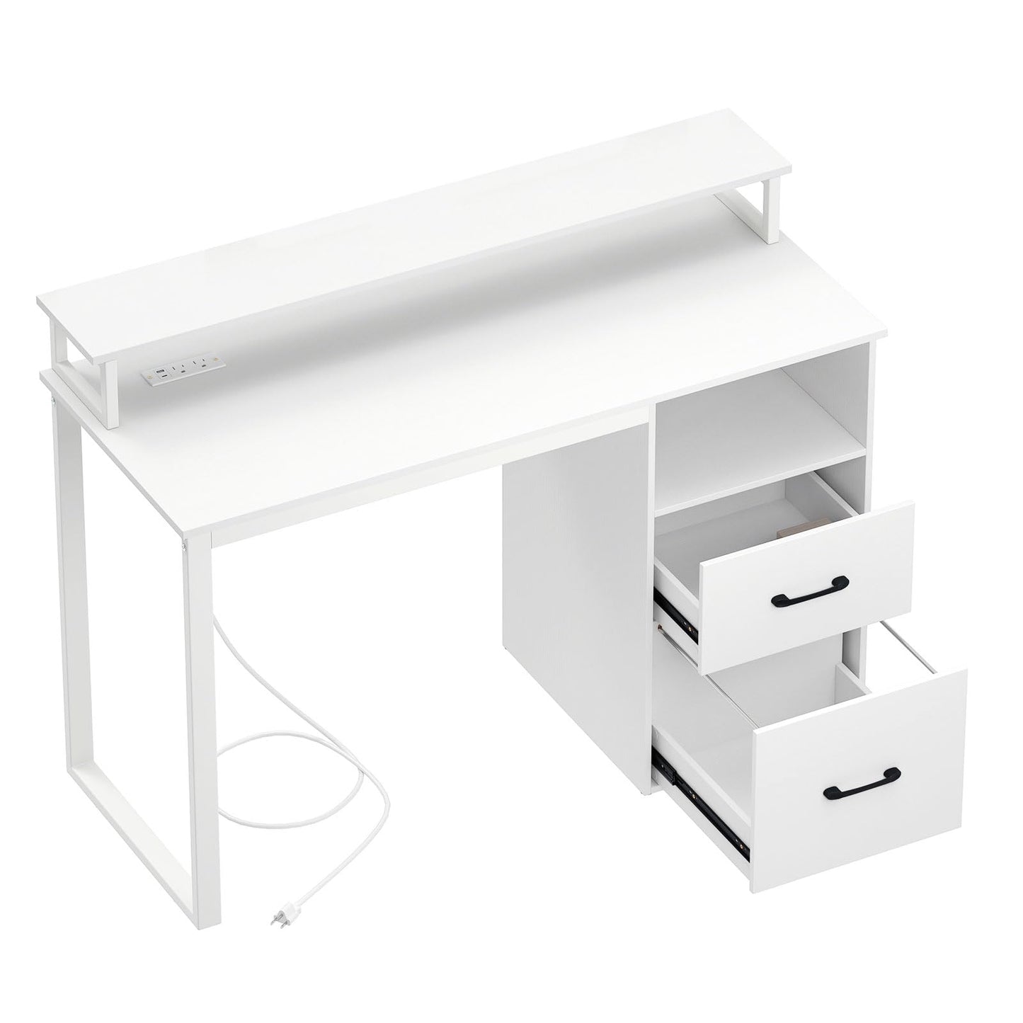 Tangkula White Desk with 2 Storage Drawers & Power Outlets