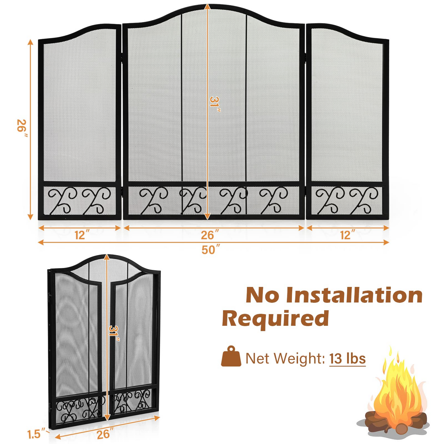 Tangkula 50 x 31 Inches 3-Panel Heat-Resistant Metal Mesh Fireplace Screen