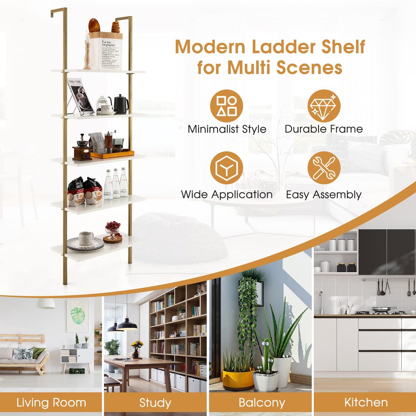 Tangkula 5-Tier Bookshelf Modern Wall Mounted Ladder Shelf
