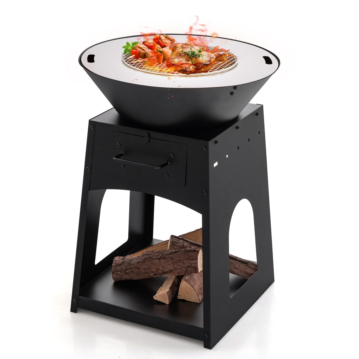 Tangkula Outdoor Fire Pit with Storage, Patio Wood Burning Fireplace with Grill & Ash Box, Spacious Bottom Storage Compartment