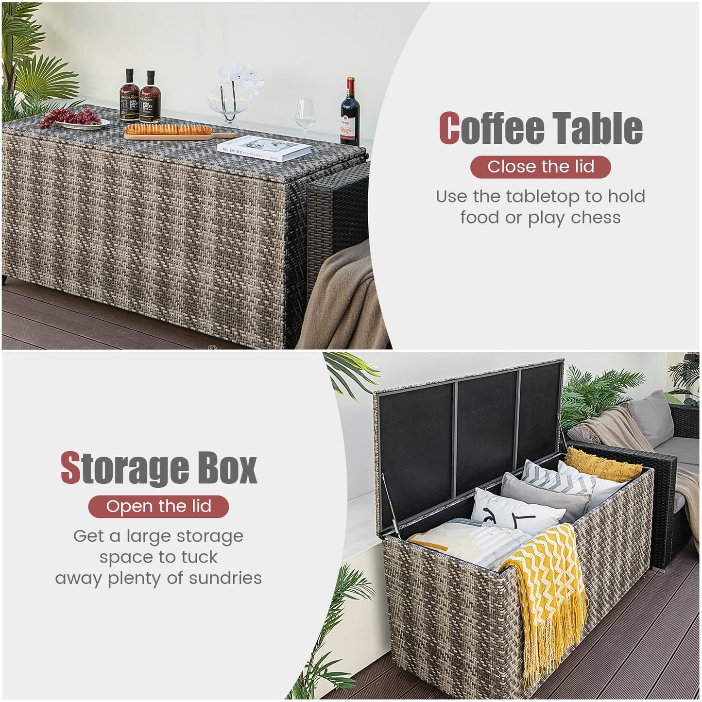 Tangkula 96 Gallon Deck Box, PE Wicker Outdoor Storage Box with 4 Wheels and Waterproof Zippered Liner