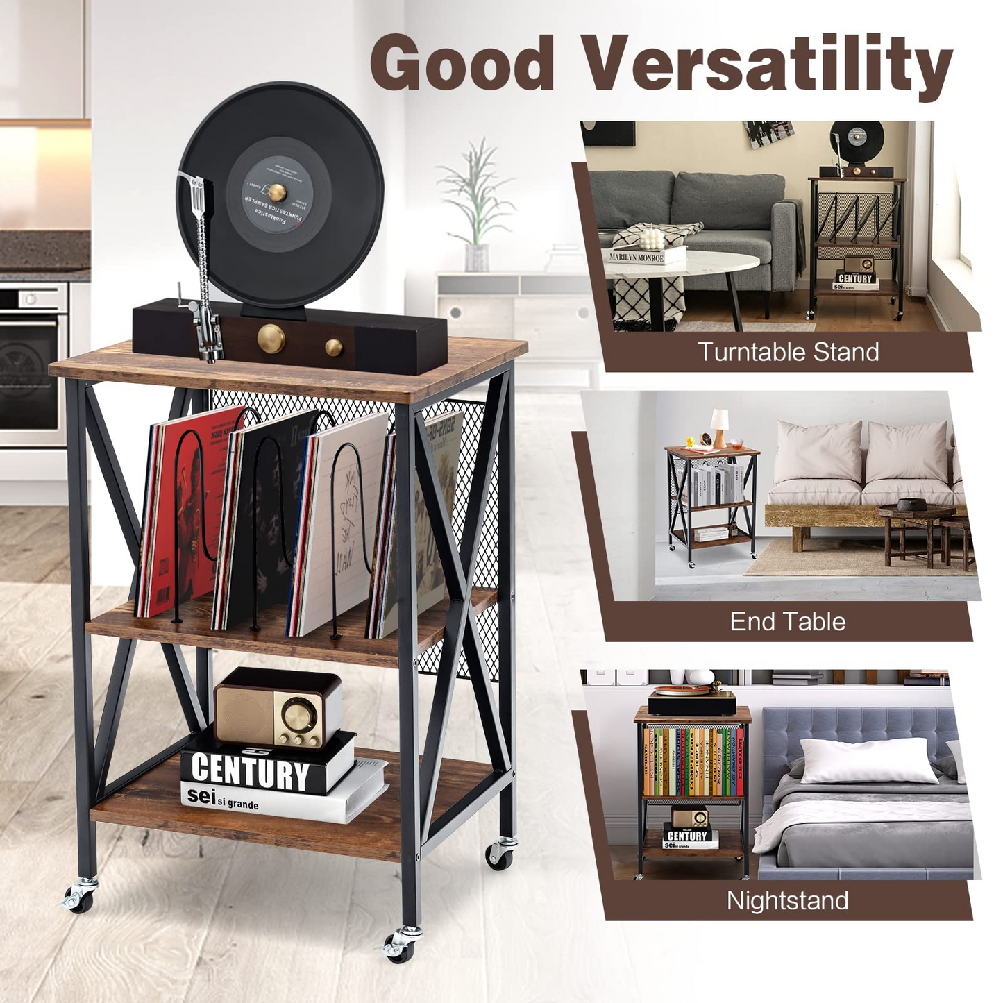 TANGKULA Record Player Stand, 3 Tier Rolling Turntable Stand