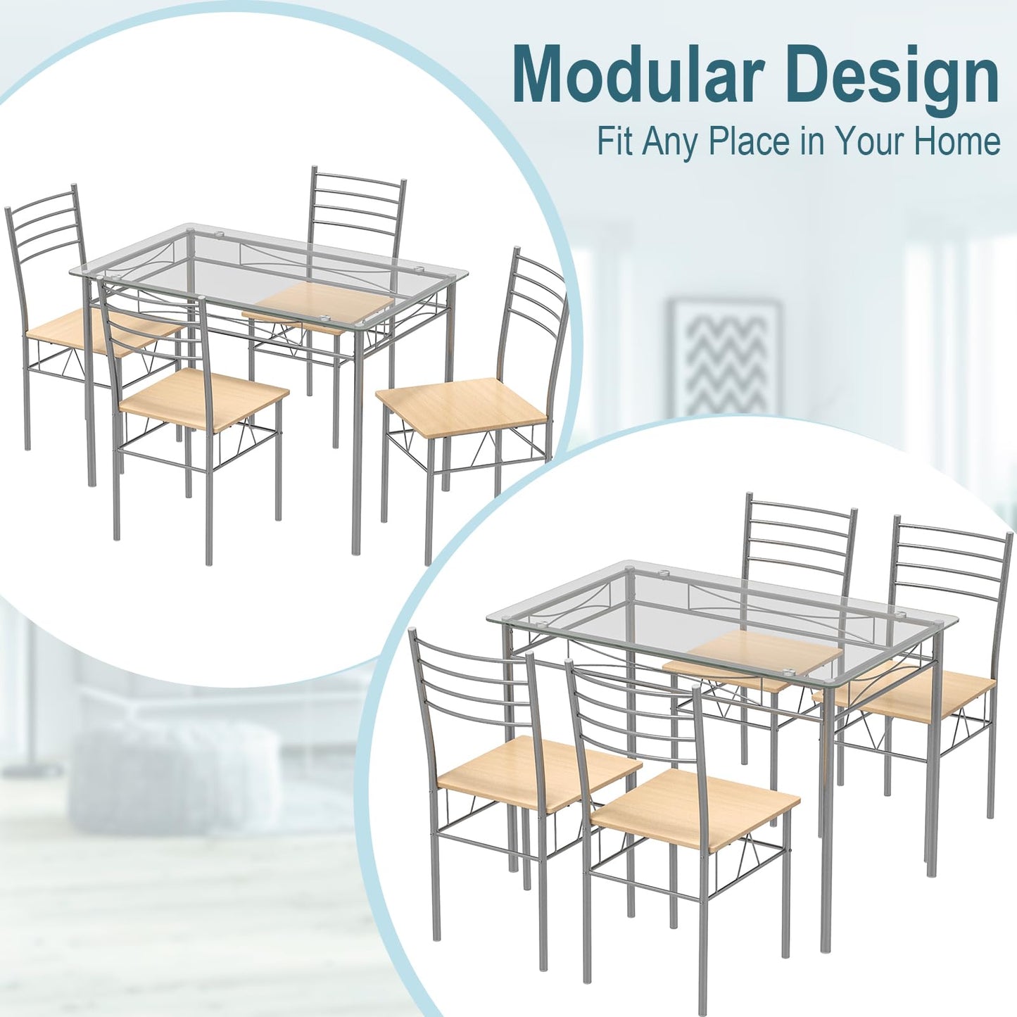 Tangkula Dining Table Set, 5 Pieces Dining Set with Tempered Glass Top Table and 4 Chairs