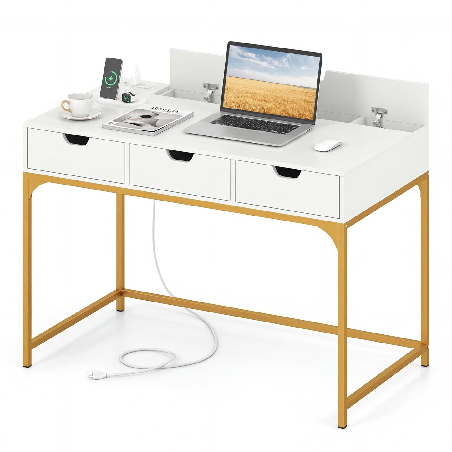 Tangkula Computer Desk with 3 Drawers & Power Outlets