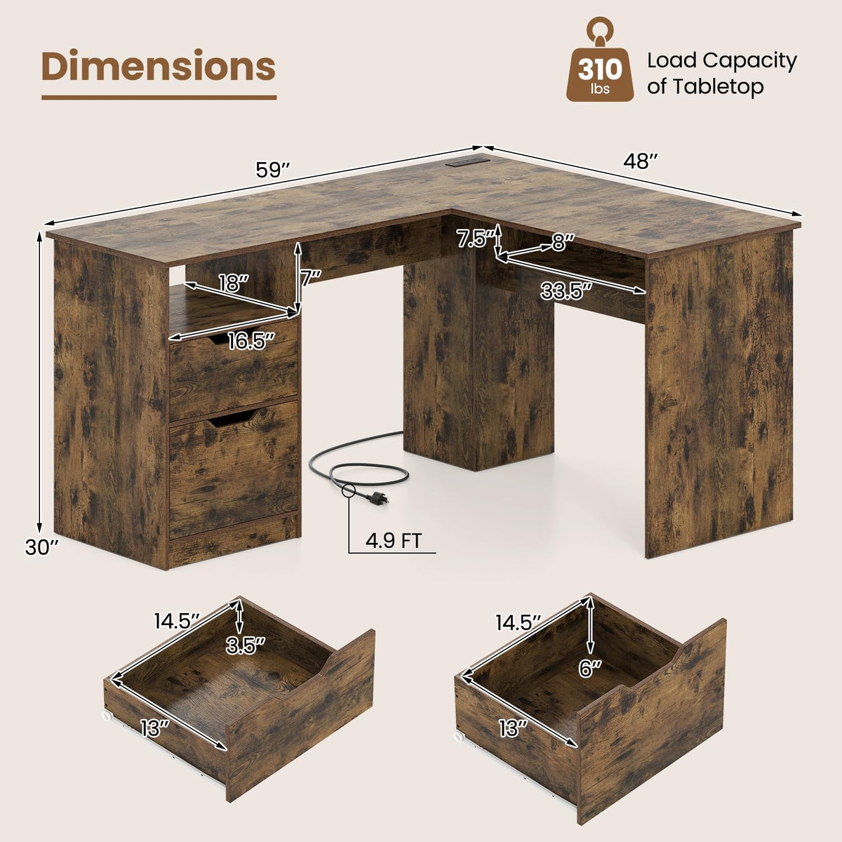 Tangkula 59" L-Shaped Executive Desk w/Power Outlets