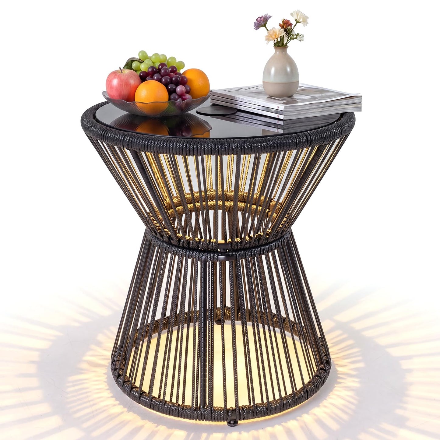Tangkula PE Rattan Hourglass-Shaped Outdoor Side Table with LED Warm Light (1/2)
