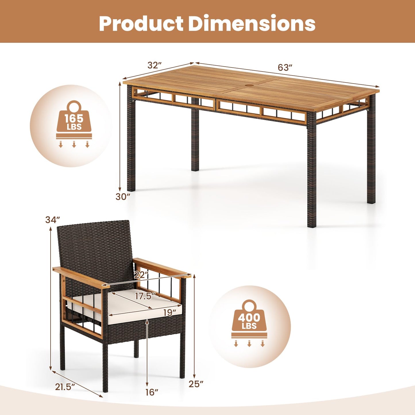Tangkula Outdoor Acacia Wood Rectangular Table with 1.97” Umbrella Hole and Cushioned Chairs