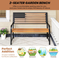 Tangkula 50” Outdoor Garden Bench, 2-Person Metal Patio Chair with Flag Pattern Backrest & Rustic Wood Grain Finish