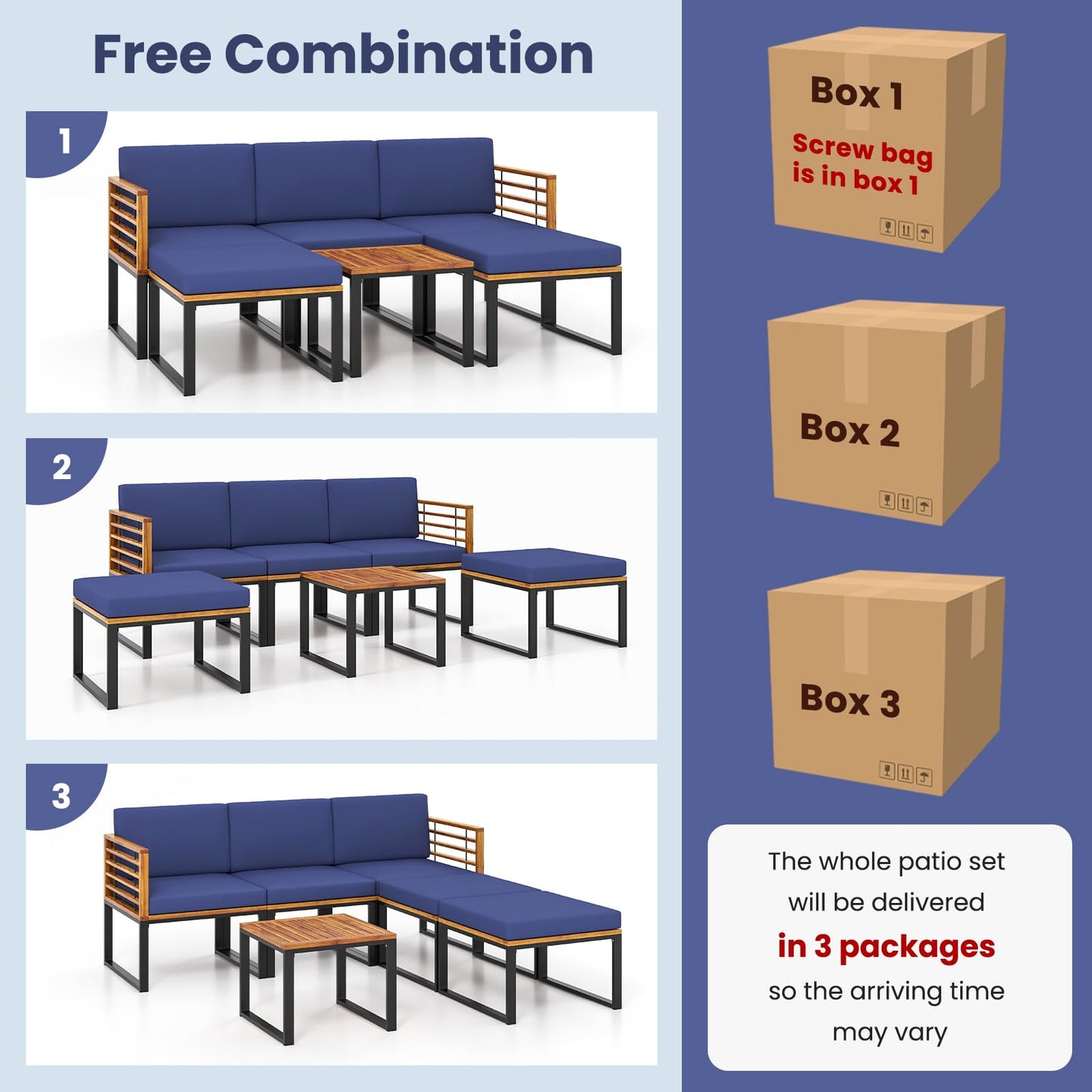 Tangkula 6 Piece Patio Conversation Sofa Set, Acacia Wood Chair Set with Ottomans & Coffee Table